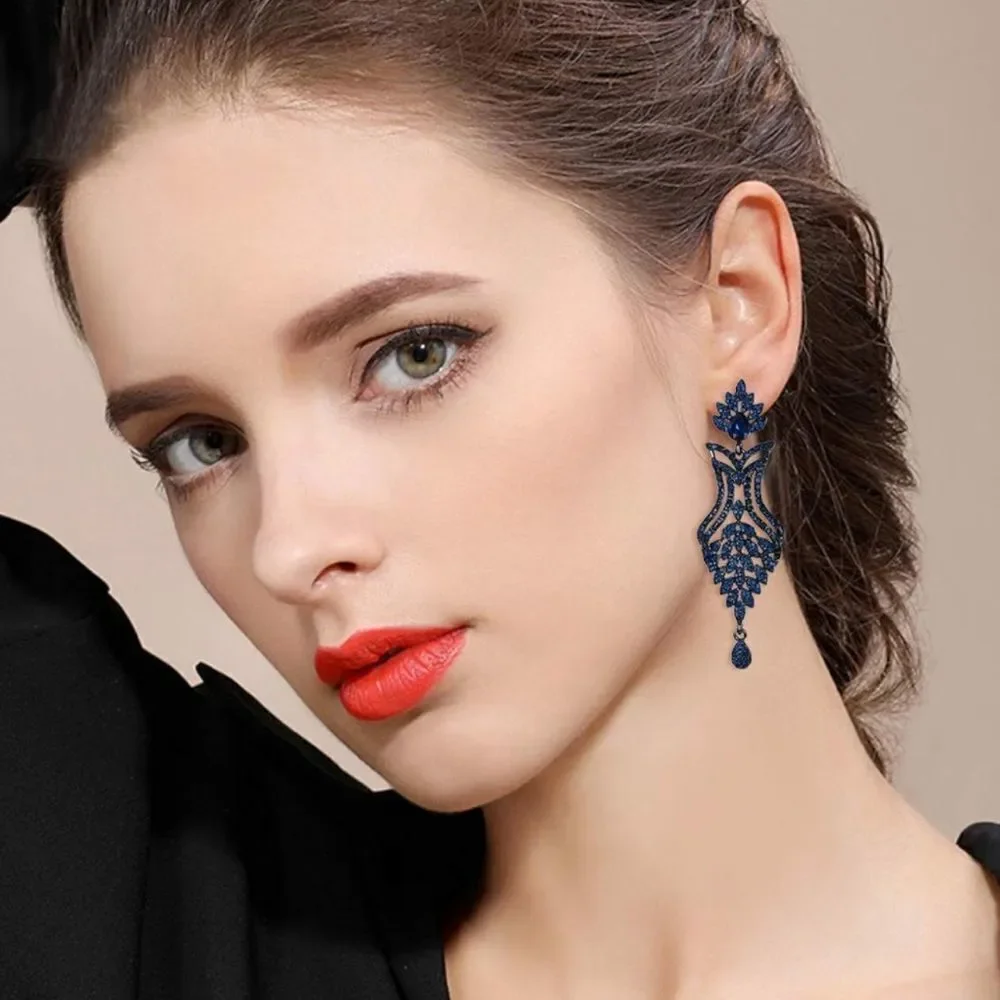 Gun Metal with Sapphire Blue Crystal Flower Vase Chandelier Post Back Earrings
